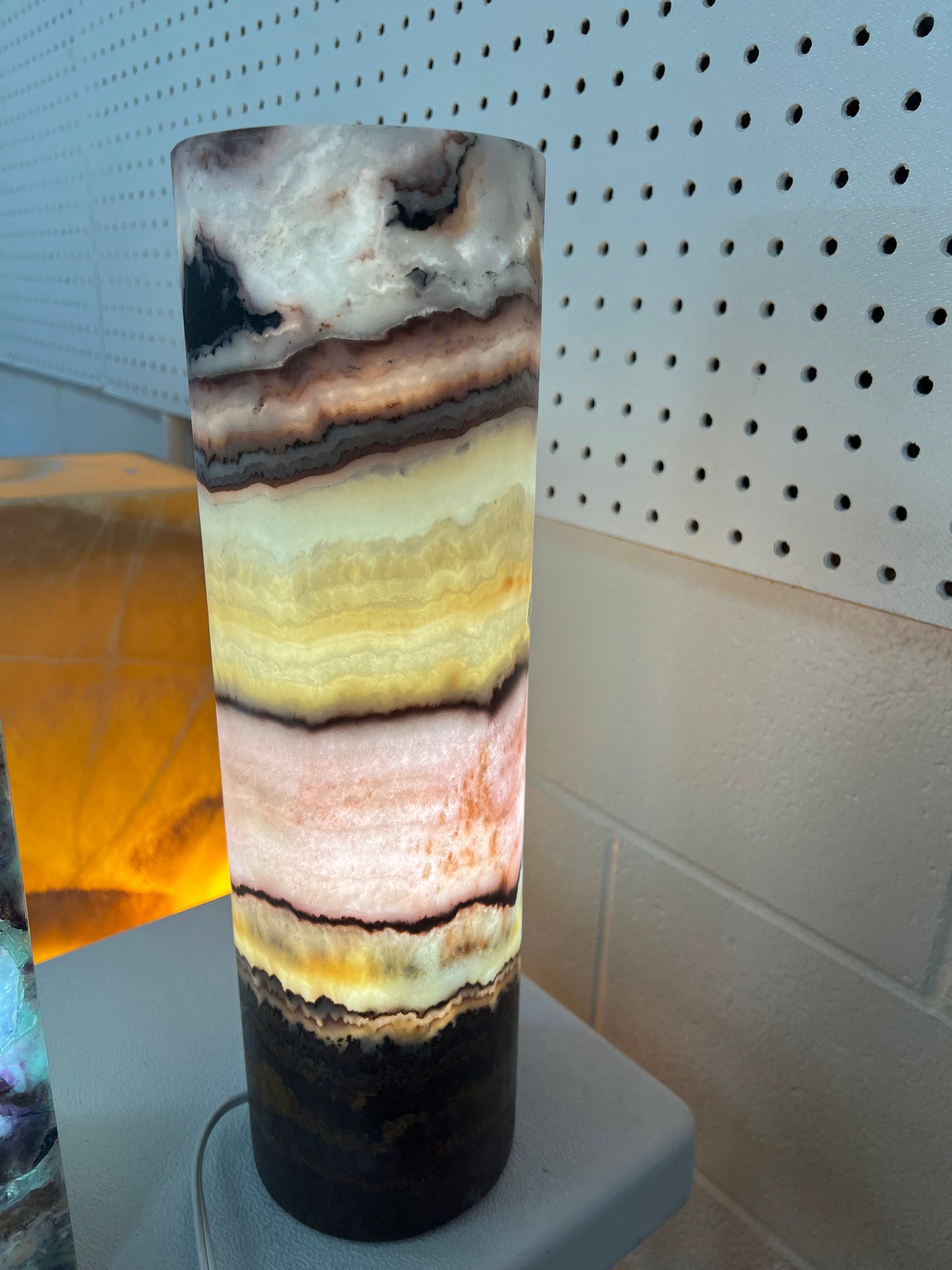 Hand Carved Pink Serpentine Onyx Cylinder Lamp 15.5"X5"/Pink Crystal Lamp/Crystal Lamp/Crystal Tower Lamp-Perfect Gift for her/Gift for Mom