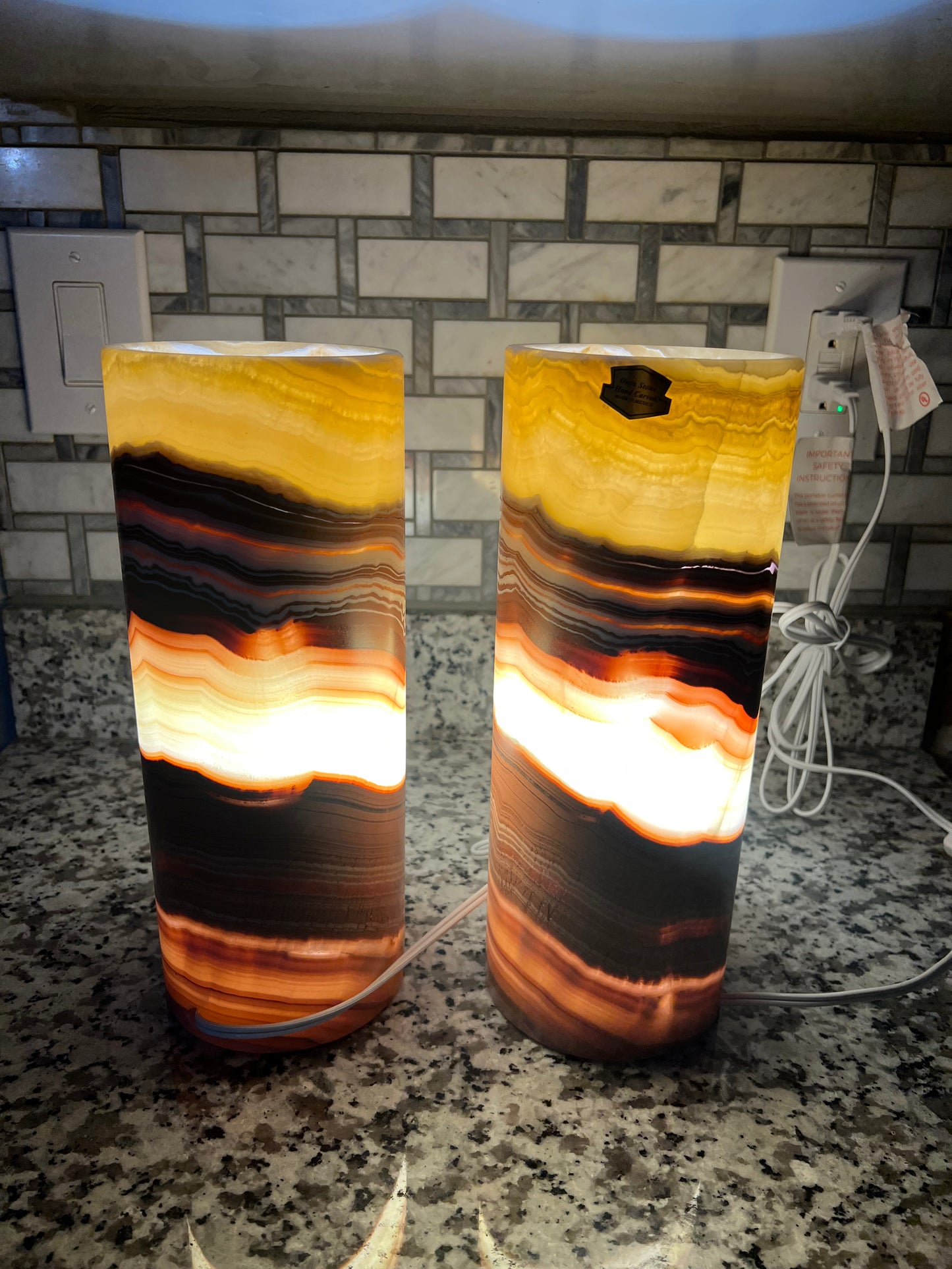 Petite Tangerine Cylinder Onyx Lamp 12"X5"/Crystal Lamp/Crystal tower lamp/Desk Lamp/Nightstand Lamp/Stone Lamp/Beautiful Lamp