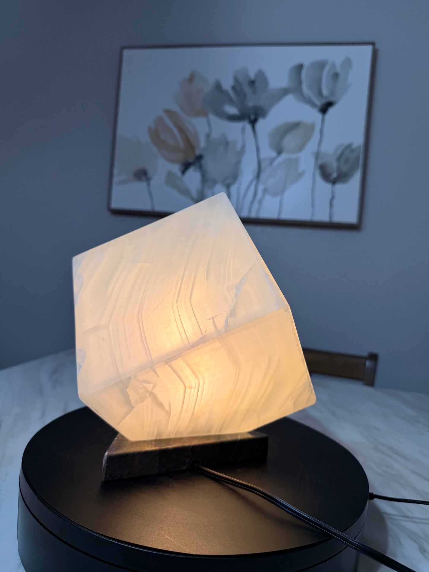 Elegant Cube Shape Night Light   /Translucent White Onyx Lamp  /Fancy Stone Lamp/ Table Lamp/One of a kind Stone Lamp/6"X6"X 6"