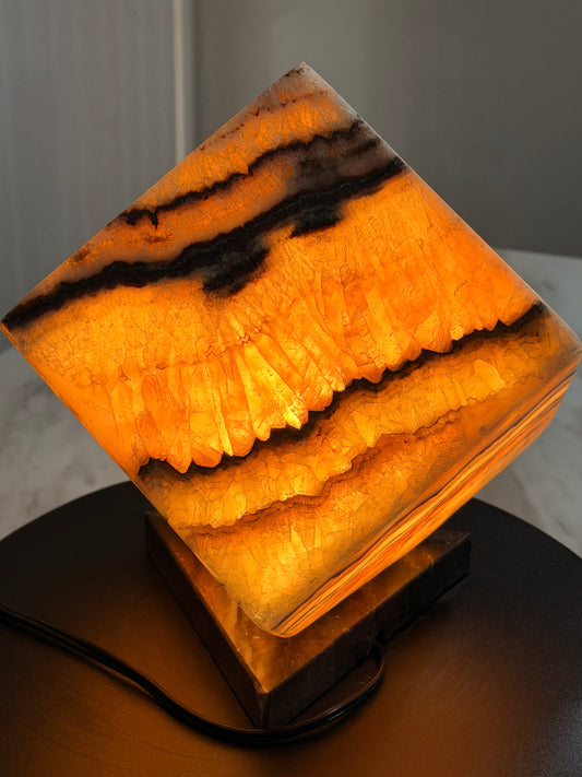 Golden Honey Onyx -Multi Color Onyx Cube Shape Lamp 6"X6"X6"" /Cute Stone Light/Night Lamp/Desk Lamp/Living Room Lamp