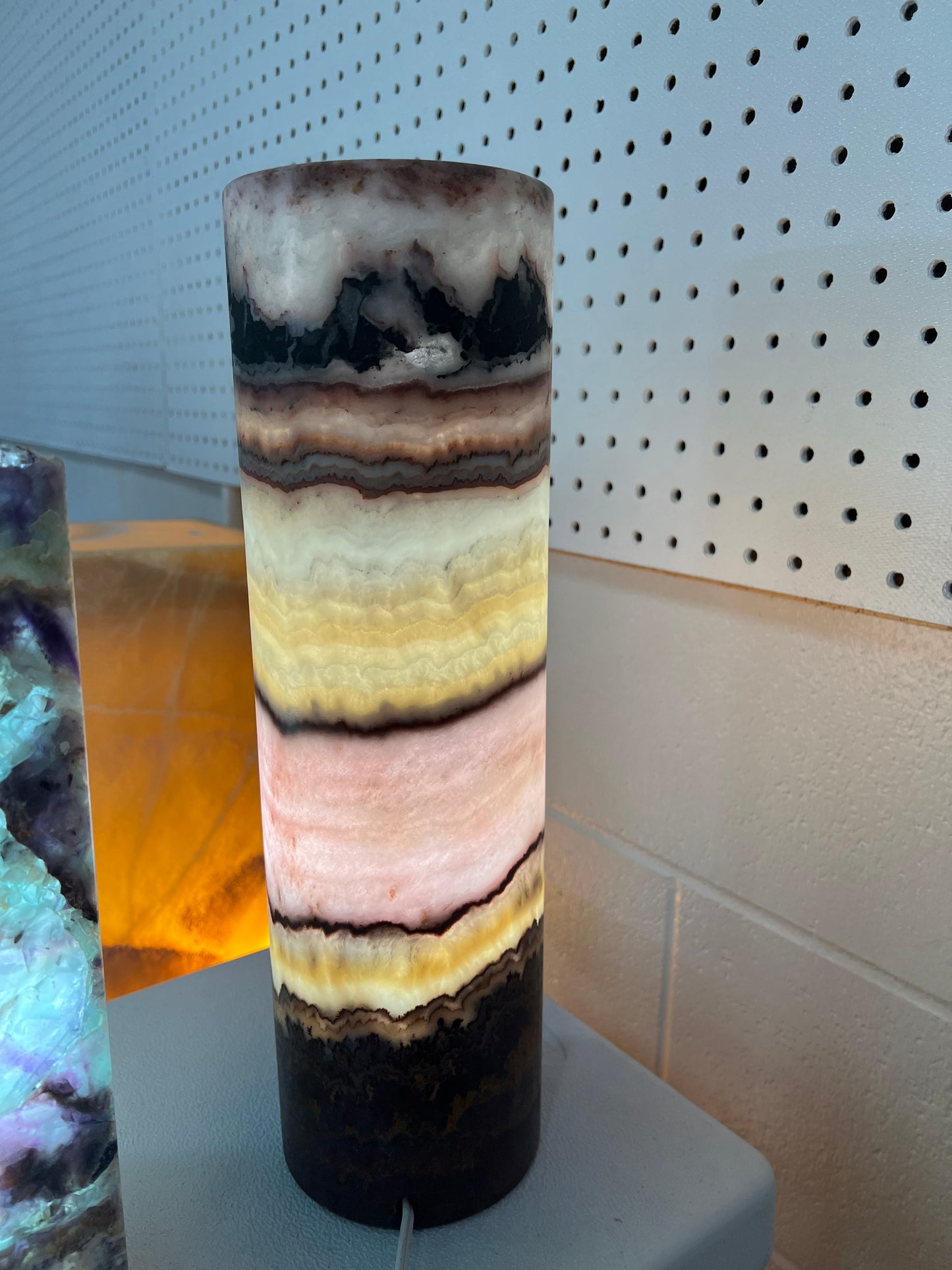 Hand Carved Pink Serpentine Onyx Cylinder Lamp 15.5"X5"/Pink Crystal Lamp/Crystal Lamp/Crystal Tower Lamp-Perfect Gift for her/Gift for Mom