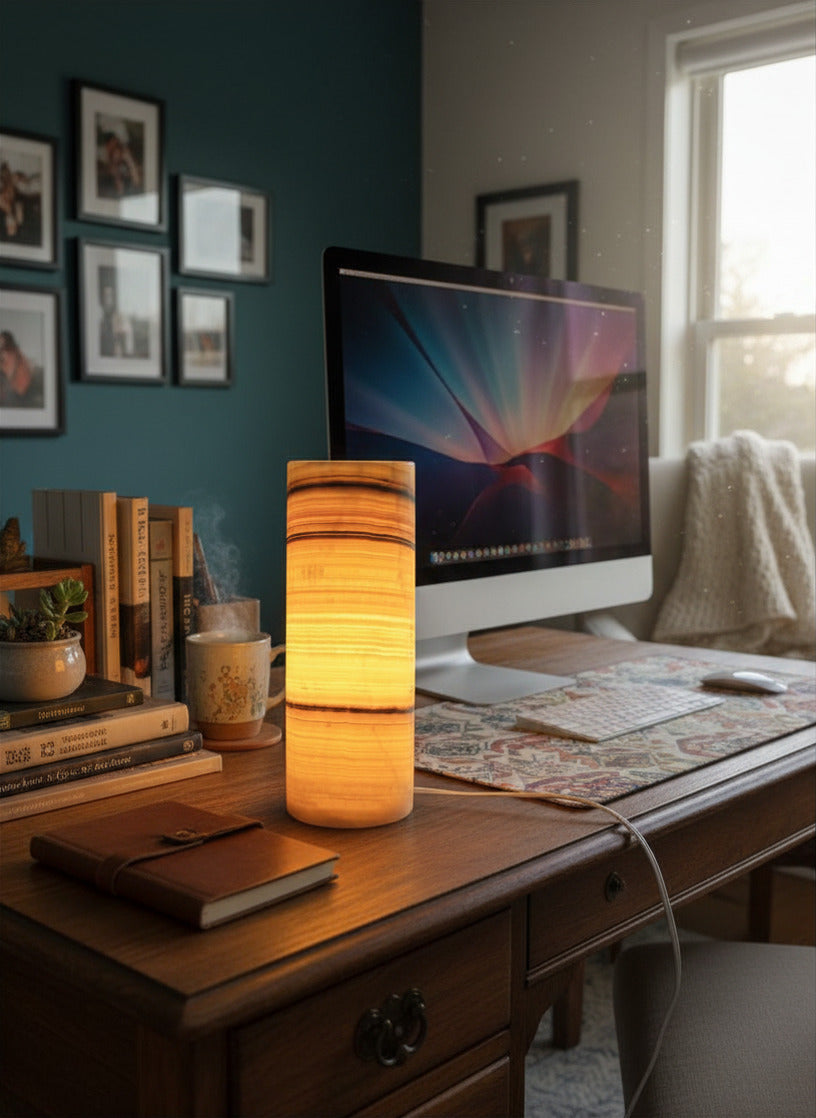 Petite Tangerine Cylinder Onyx Lamp 12"X5"/Crystal Lamp/Crystal tower lamp/Desk Lamp/Nightstand Lamp/Stone Lamp/Beautiful Lamp