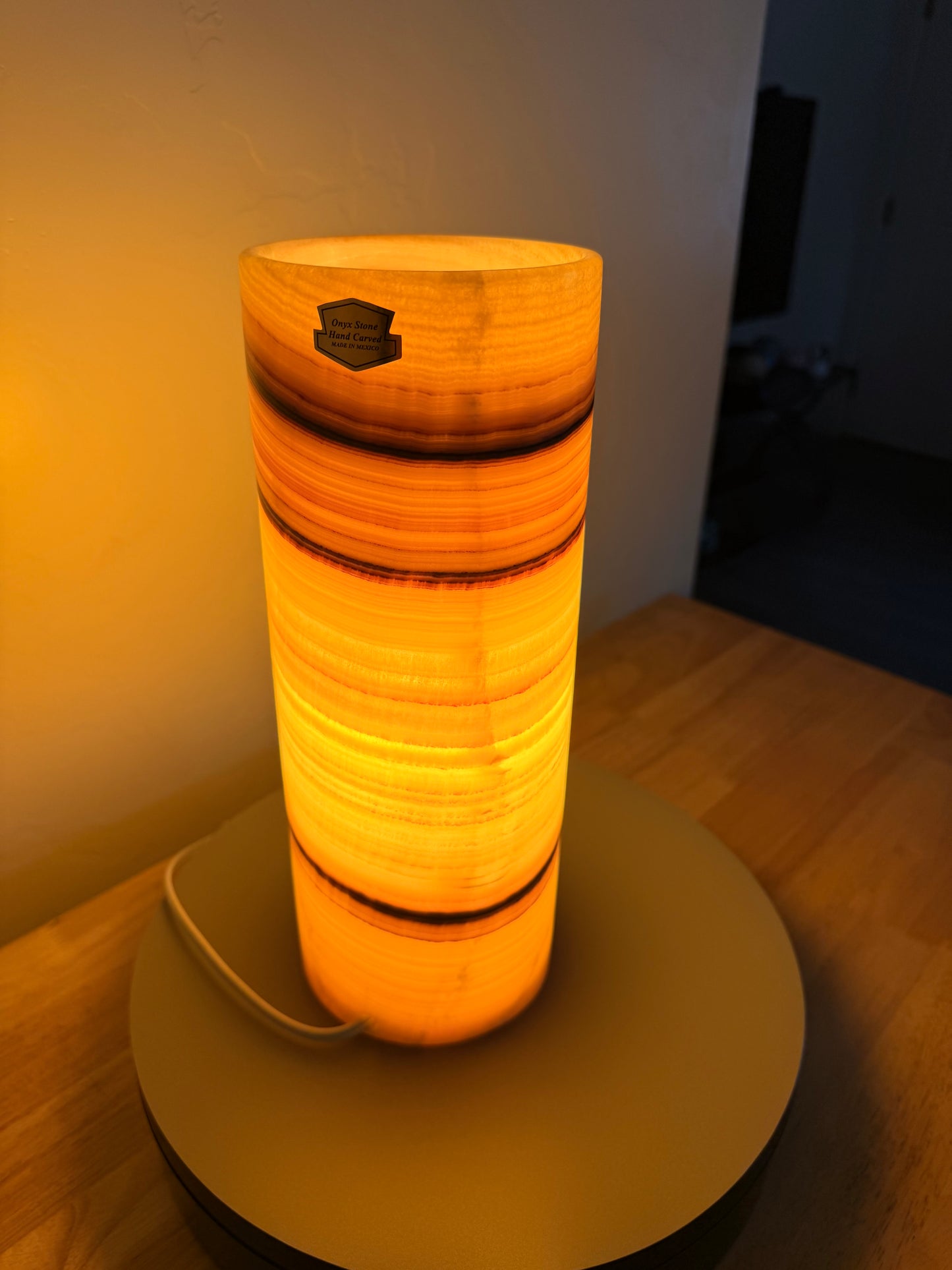 Petite Tangerine Cylinder Onyx Lamp 12"X5"/Crystal Lamp/Crystal tower lamp/Desk Lamp/Nightstand Lamp/Stone Lamp/Beautiful Lamp