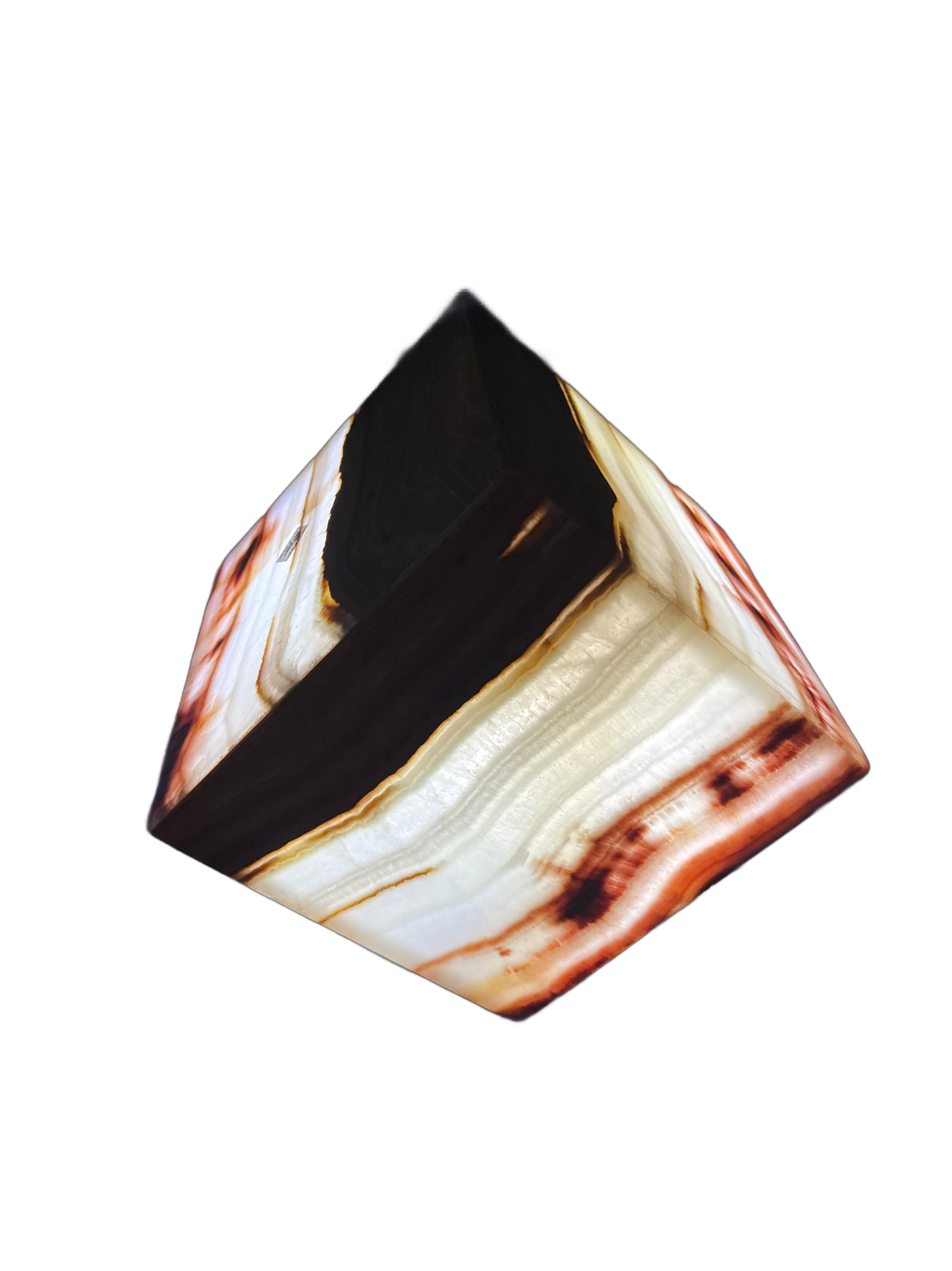 Cubed Shaped Onyx Lamp. Colors Yellow with Brown . Size 8X8X8 inches. Each has different layers and color veins .